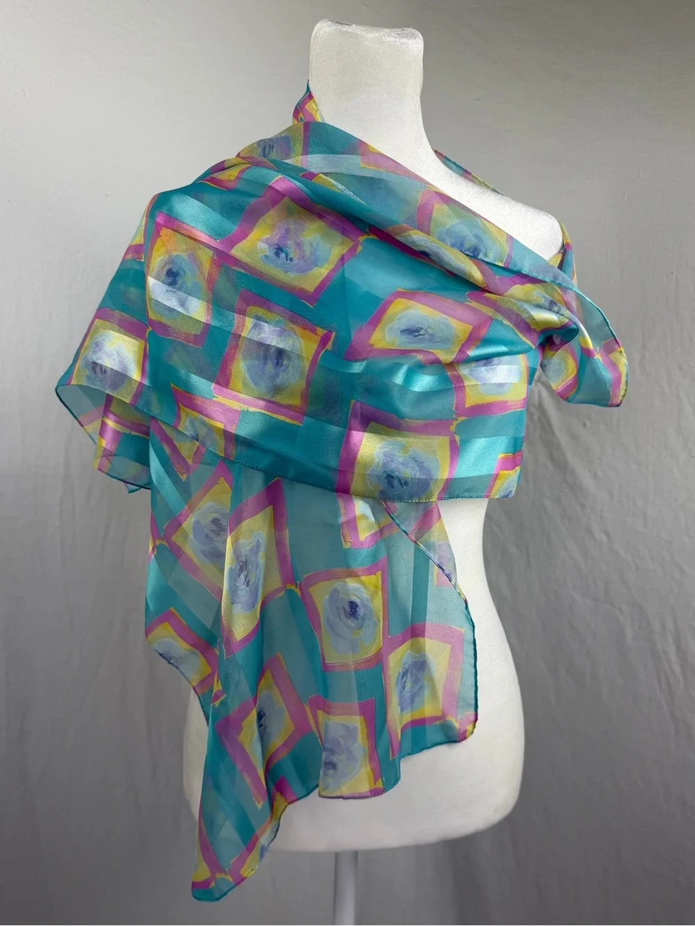 Sheer Rectangle Turquoise Floral and Square Print Silk Scarf
